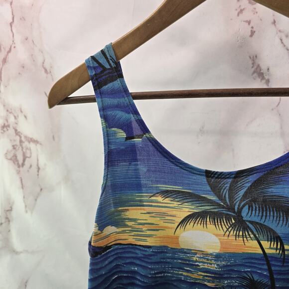 Vintage Hawaiian Dress Womens Medium Blue Midi Maxi Floral Tank 90s Tiki - Picture 2 of 11